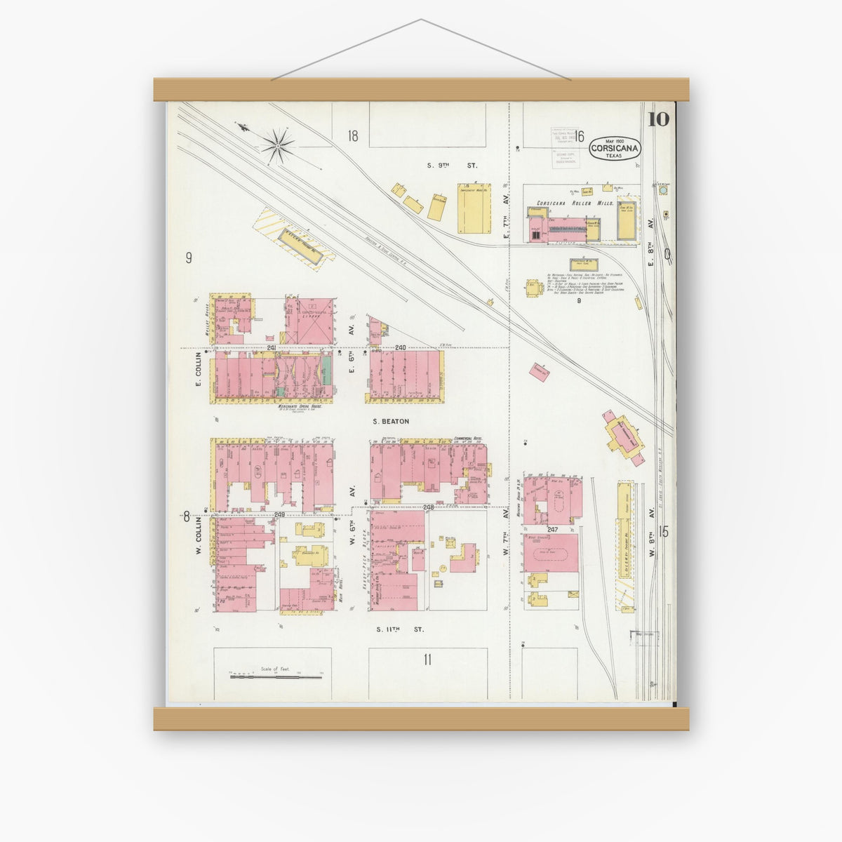 Old map wall art mockup — magnetic wood frame on white wall — Sanborn Fire Insurance Map from Corsicana, Navarro County, Texas (1900), Sheet #0010