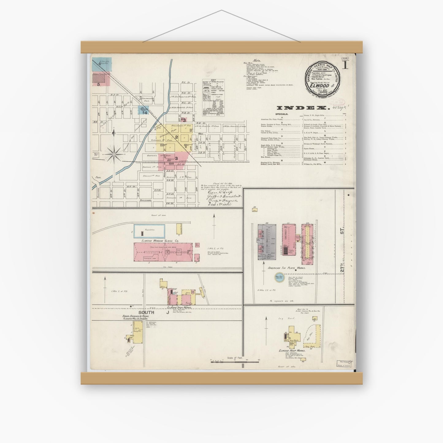 Old map wall art mockup — magnetic wood frame on white wall — Sanborn Fire Insurance Map from Elwood, Madison County, Indiana (1892) - Complete Map Set