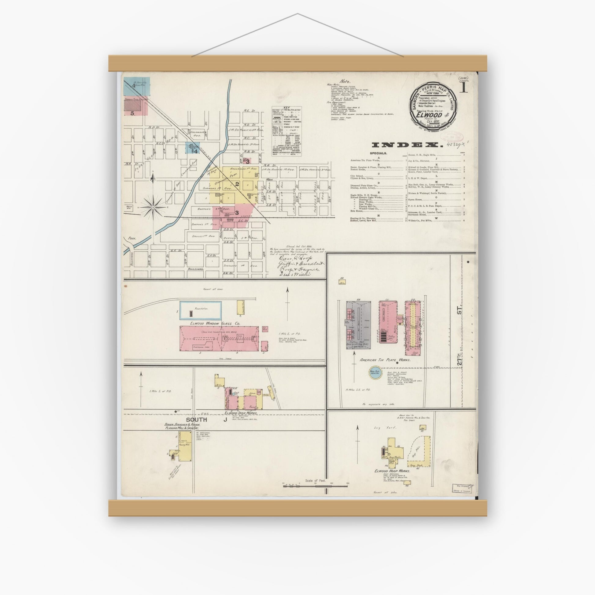 Old map wall art mockup — magnetic wood frame on white wall — Sanborn Fire Insurance Map from Elwood, Madison County, Indiana (1892) - Complete Map Set