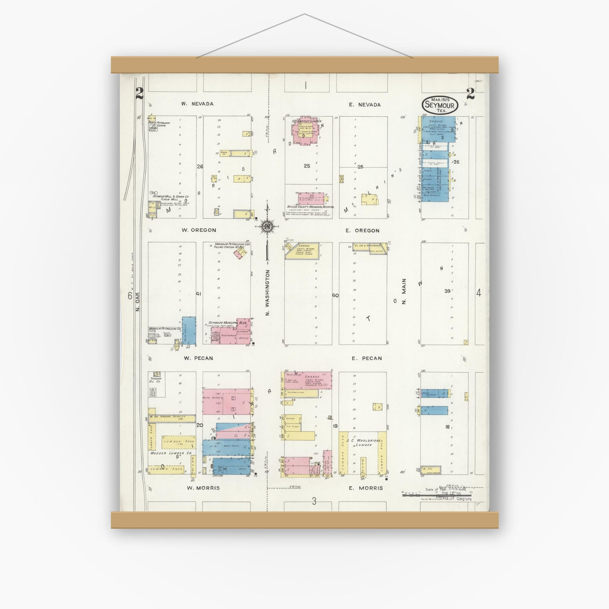 Old map wall art mockup — magnetic wood frame on white wall — Sanborn Fire Insurance Map from Seymour, Baylor County, Texas (1925), Sheet #0002
