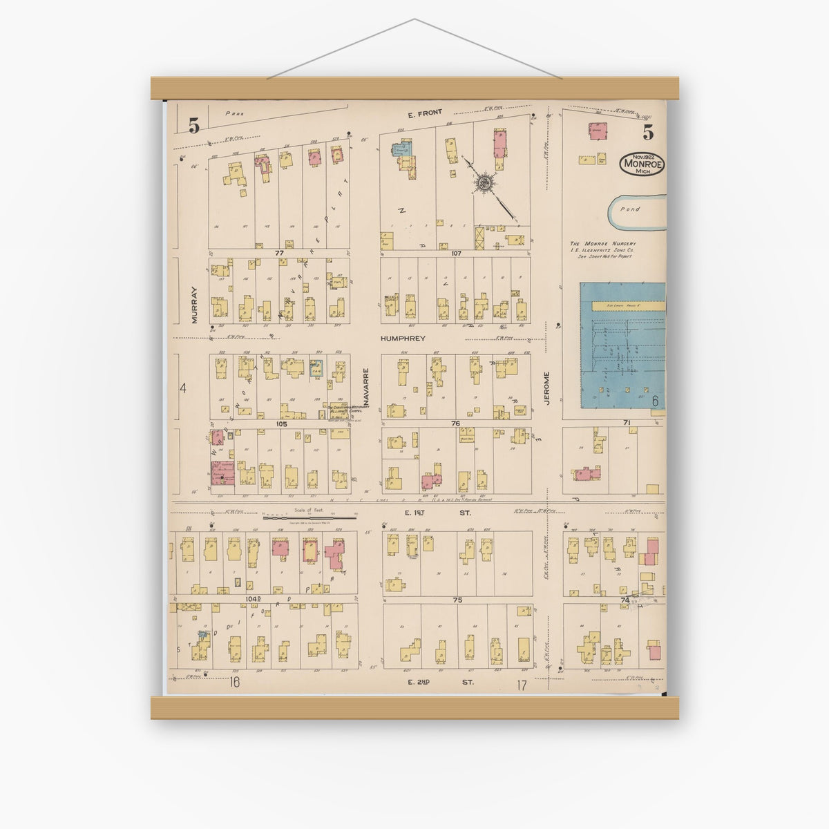 Old map wall art mockup — magnetic wood frame on white wall — Sanborn Fire Insurance Map from Monroe, Monroe County, Michigan (1922), Sheet #0005