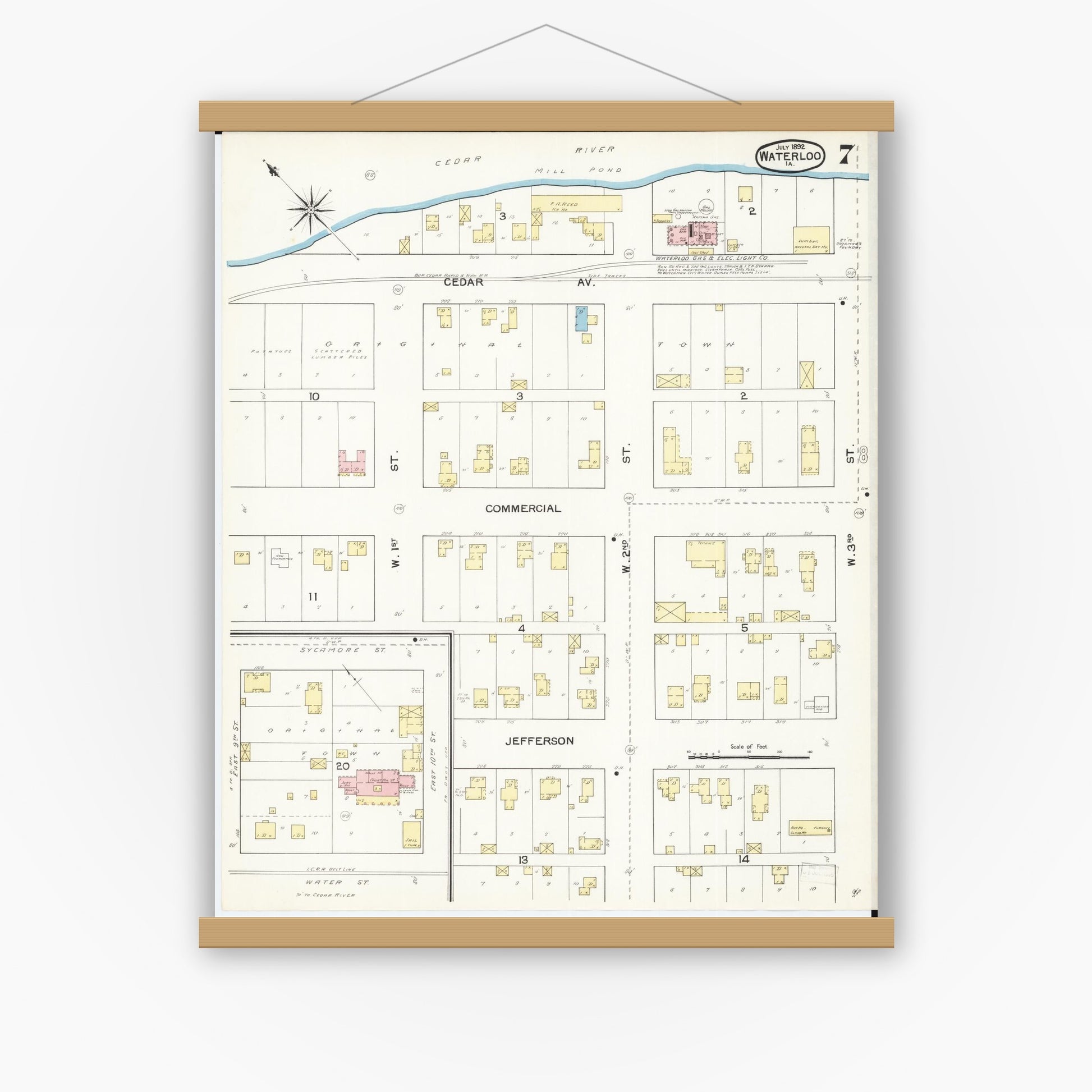 Old map wall art mockup — magnetic wood frame on white wall — Sanborn Fire Insurance Map from Waterloo, Black Hawk County, Iowa (1892), Sheet #0007