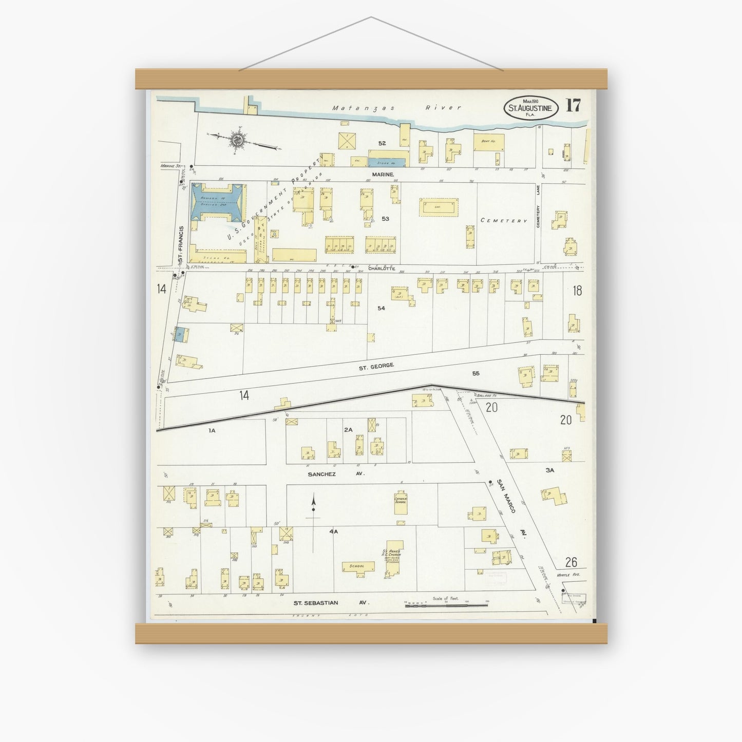 Old map wall art mockup — magnetic wood frame on white wall — Sanborn Fire Insurance Map from Saint Augustine, Saint John's County, Florida (1910), Sheet #0017