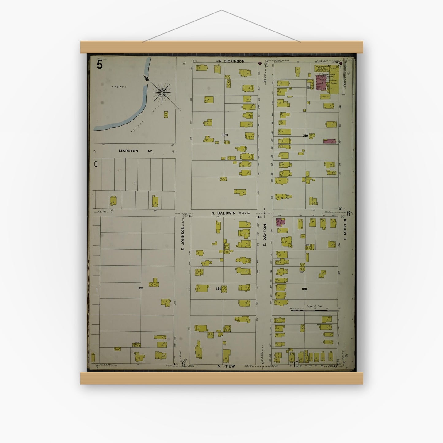 Old map wall art mockup — magnetic wood frame on white wall — Sanborn Fire Insurance Map from Madison, Dane County, Wisconsin (1908), Sheet #0005