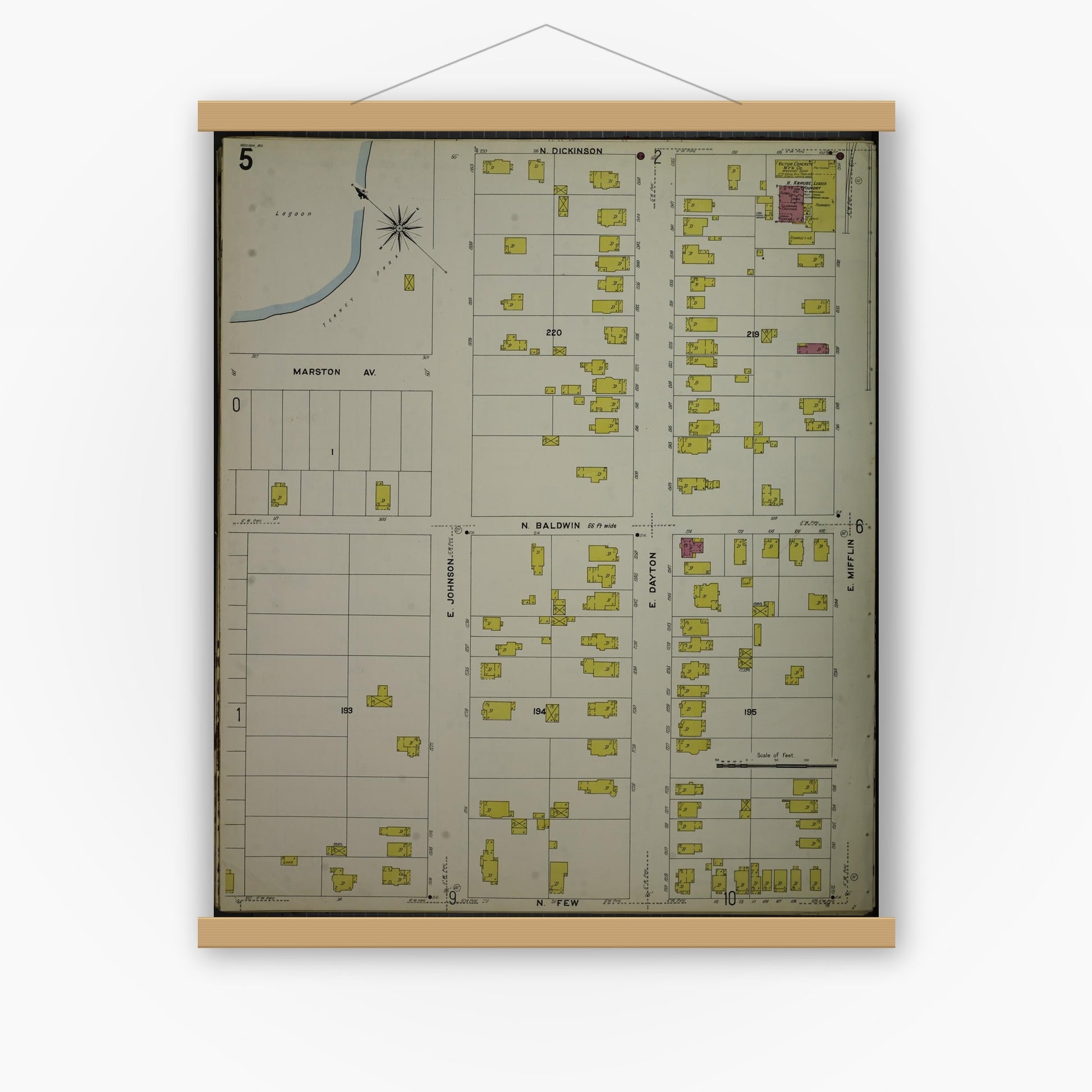 Old map wall art mockup — magnetic wood frame on white wall — Sanborn Fire Insurance Map from Madison, Dane County, Wisconsin (1908), Sheet #0005