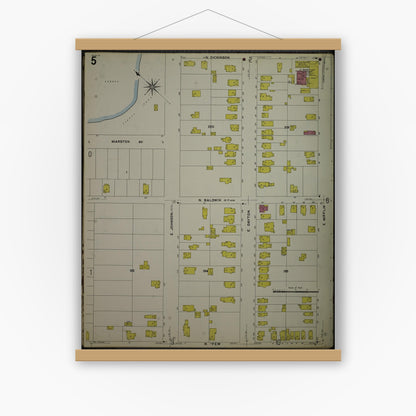 Old map wall art mockup — magnetic wood frame on white wall — Sanborn Fire Insurance Map from Madison, Dane County, Wisconsin (1908), Sheet #0005