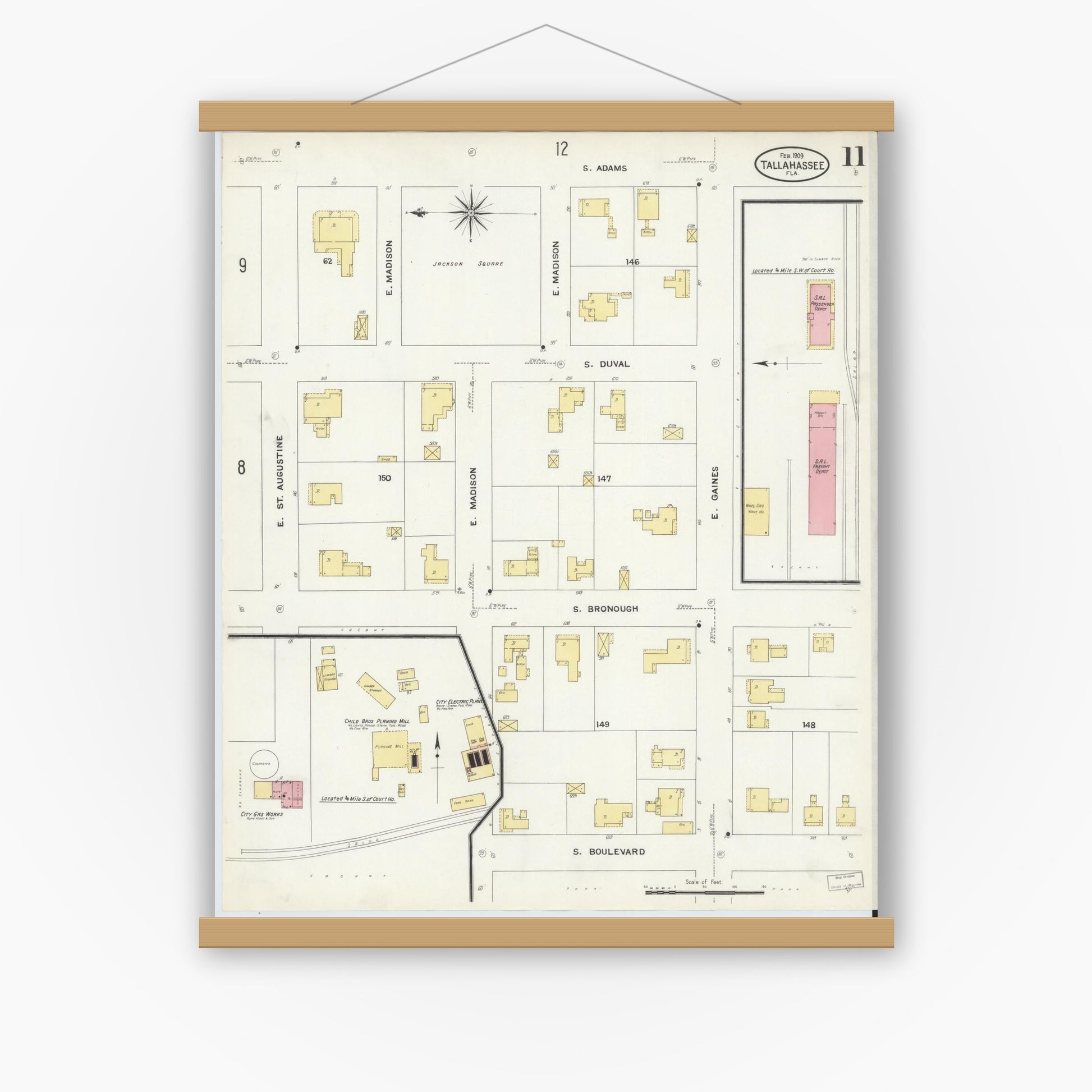 Old map wall art mockup — magnetic wood frame on white wall — Sanborn Fire Insurance Map from Tallahassee, Leon County, Florida (1909), Sheet #0011