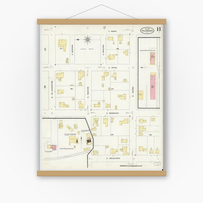 Old map wall art mockup — magnetic wood frame on white wall — Sanborn Fire Insurance Map from Tallahassee, Leon County, Florida (1909), Sheet #0011