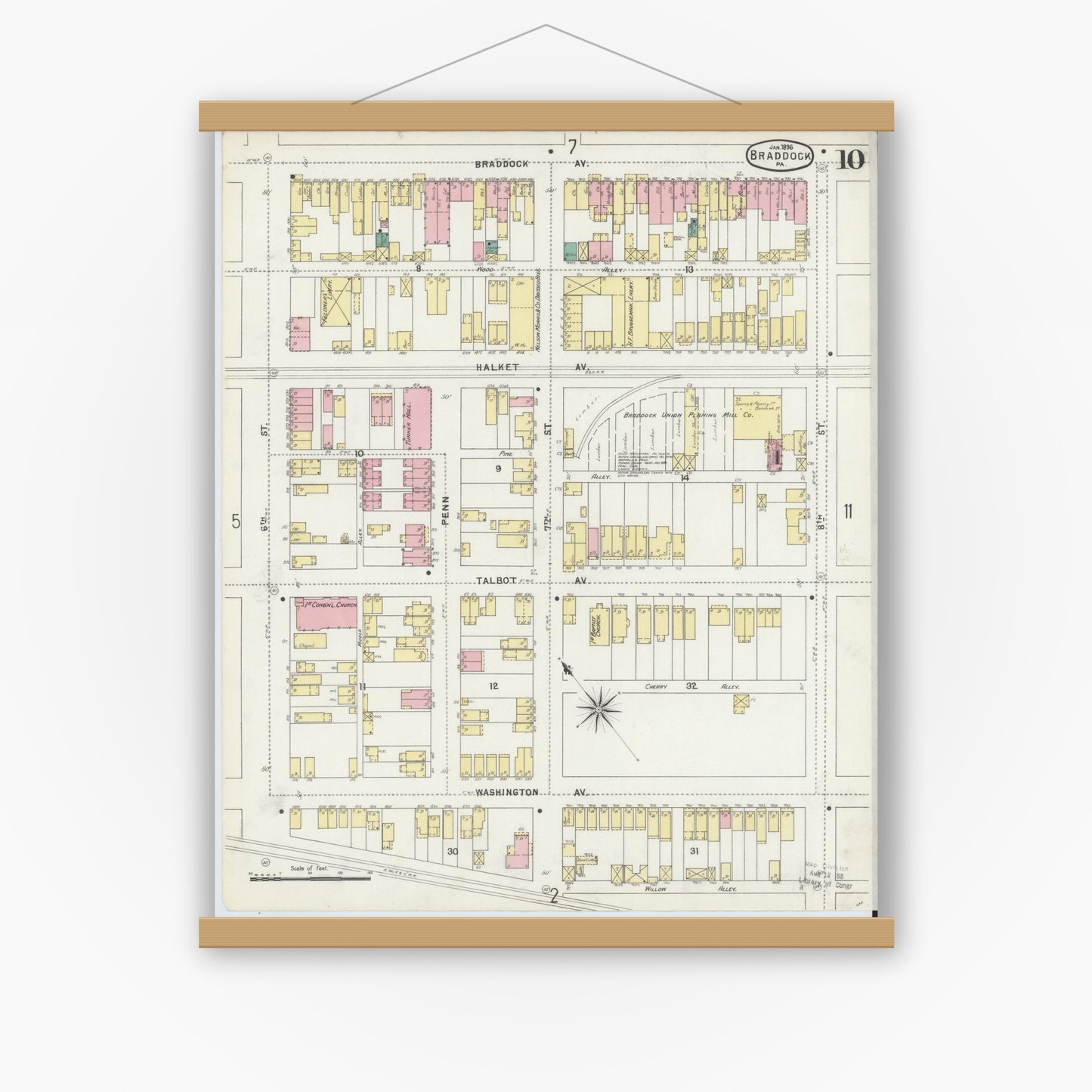 Old map wall art mockup — magnetic wood frame on white wall — Sanborn Fire Insurance Map from Braddock, Allegheny County, Pennsylvania (1896), Sheet #0010