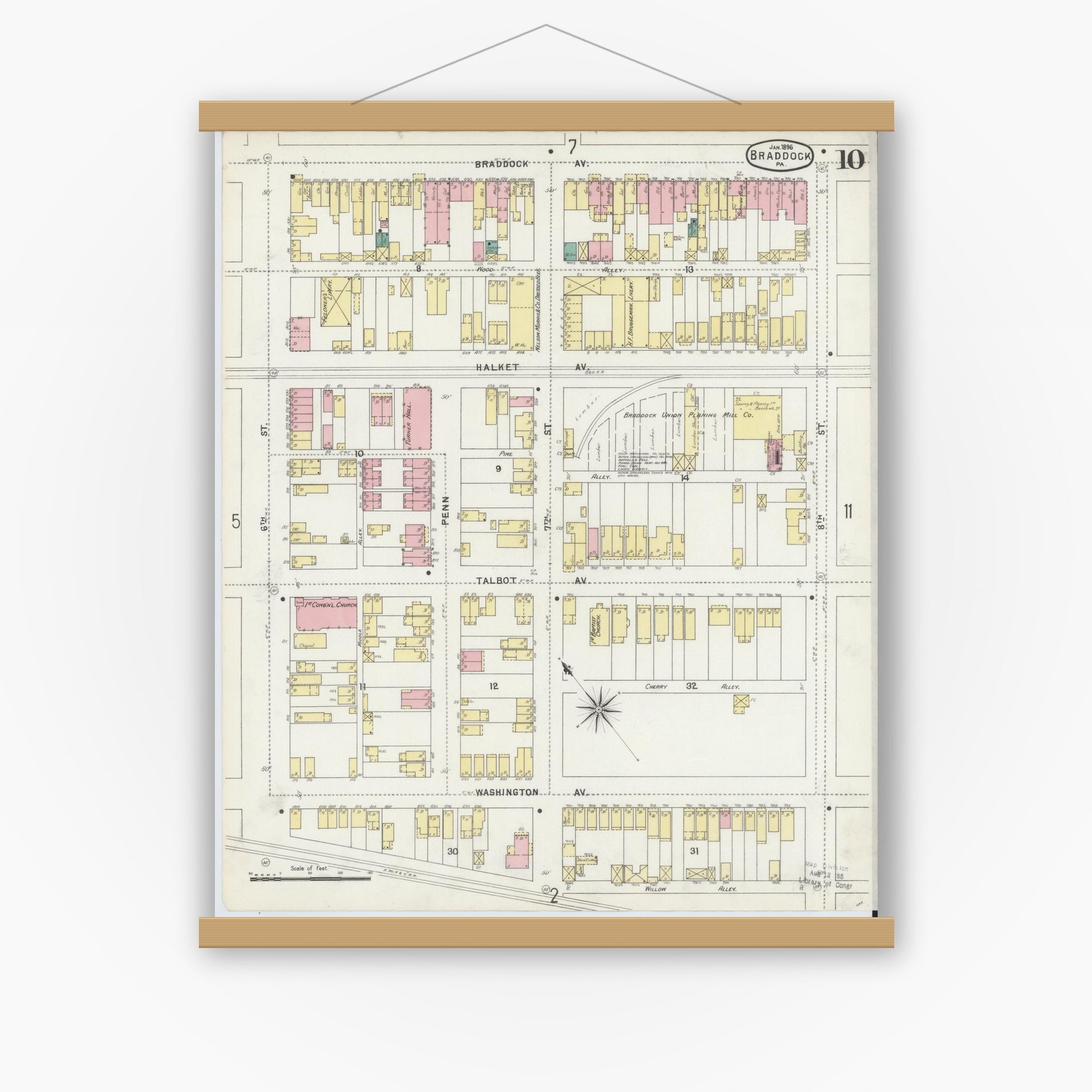 Old map wall art mockup — magnetic wood frame on white wall — Sanborn Fire Insurance Map from Braddock, Allegheny County, Pennsylvania (1896), Sheet #0010