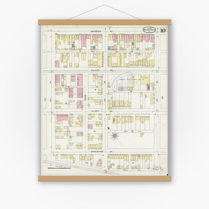 Old map wall art mockup — magnetic wood frame on white wall — Sanborn Fire Insurance Map from Braddock, Allegheny County, Pennsylvania (1896), Sheet #0010