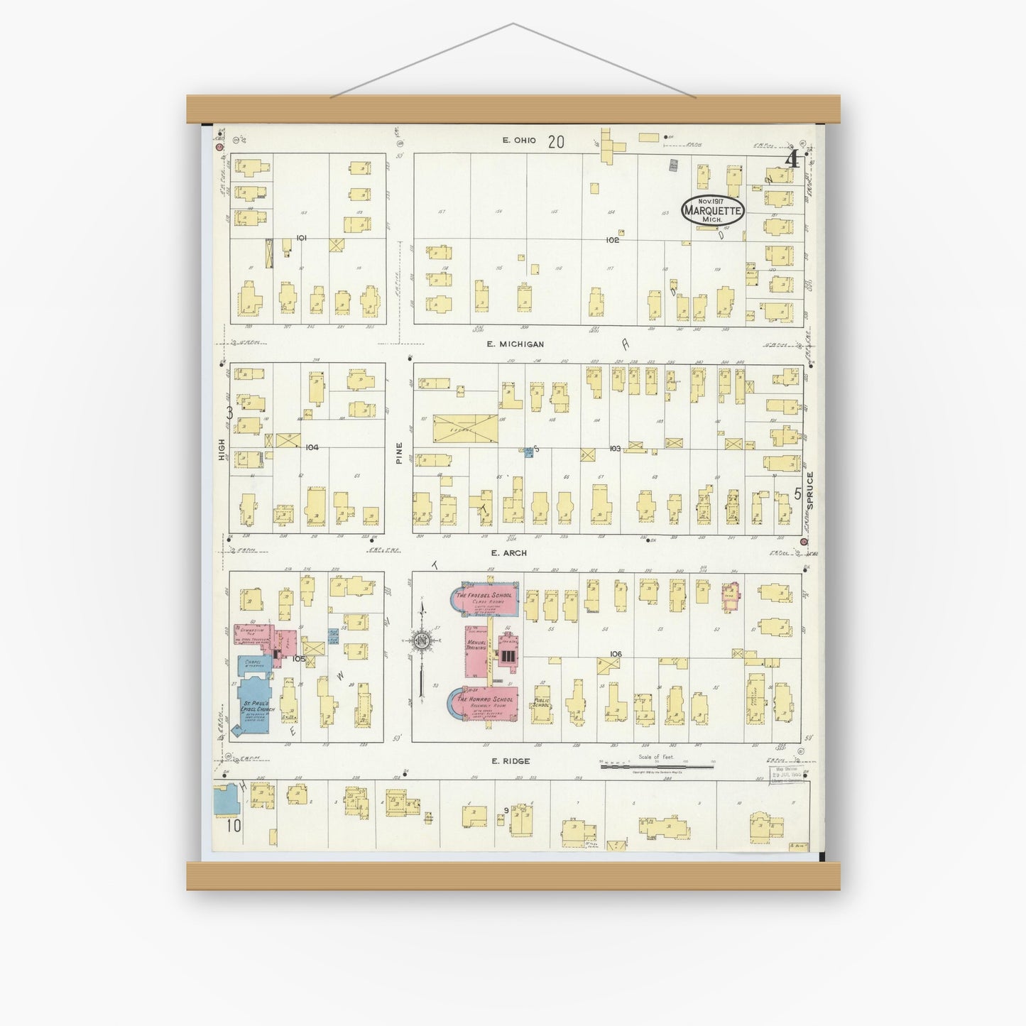 Old map wall art mockup — magnetic wood frame on white wall — Sanborn Fire Insurance Map from Marquette, Marquette County, Michigan (1917), Sheet #0004