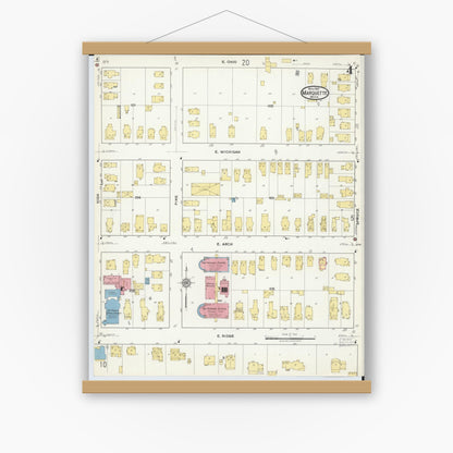 Old map wall art mockup — magnetic wood frame on white wall — Sanborn Fire Insurance Map from Marquette, Marquette County, Michigan (1917), Sheet #0004