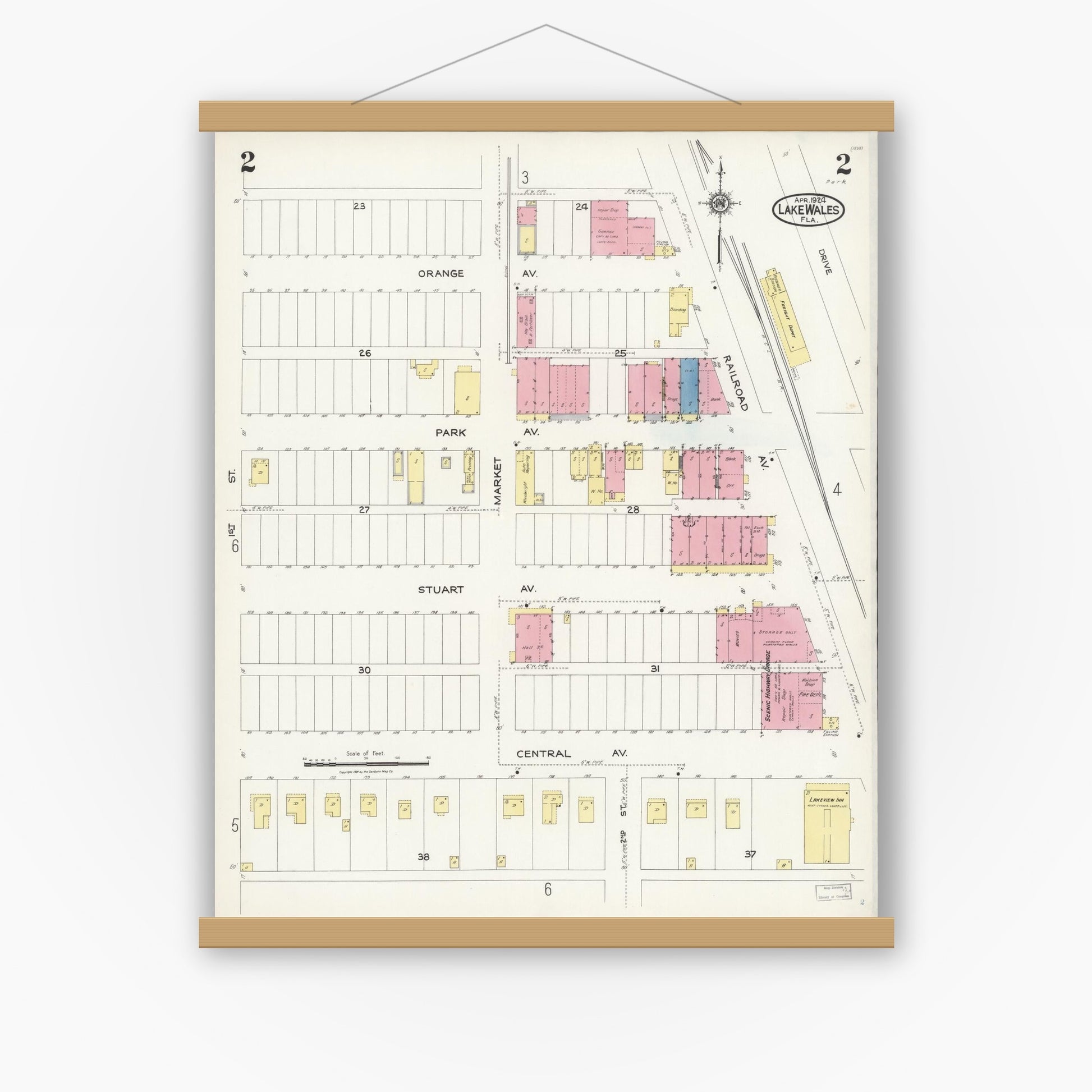 Old map wall art mockup — magnetic wood frame on white wall — Sanborn Fire Insurance Map from Lake Wales, Polk County, Florida (1924), Sheet #0002