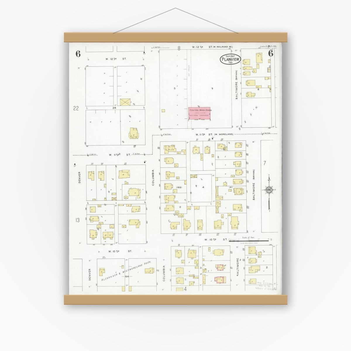 Old map wall art mockup — magnetic wood frame on white wall — Sanborn Fire Insurance Map from Plainview, Hale County, Texas (1927), Sheet #0006