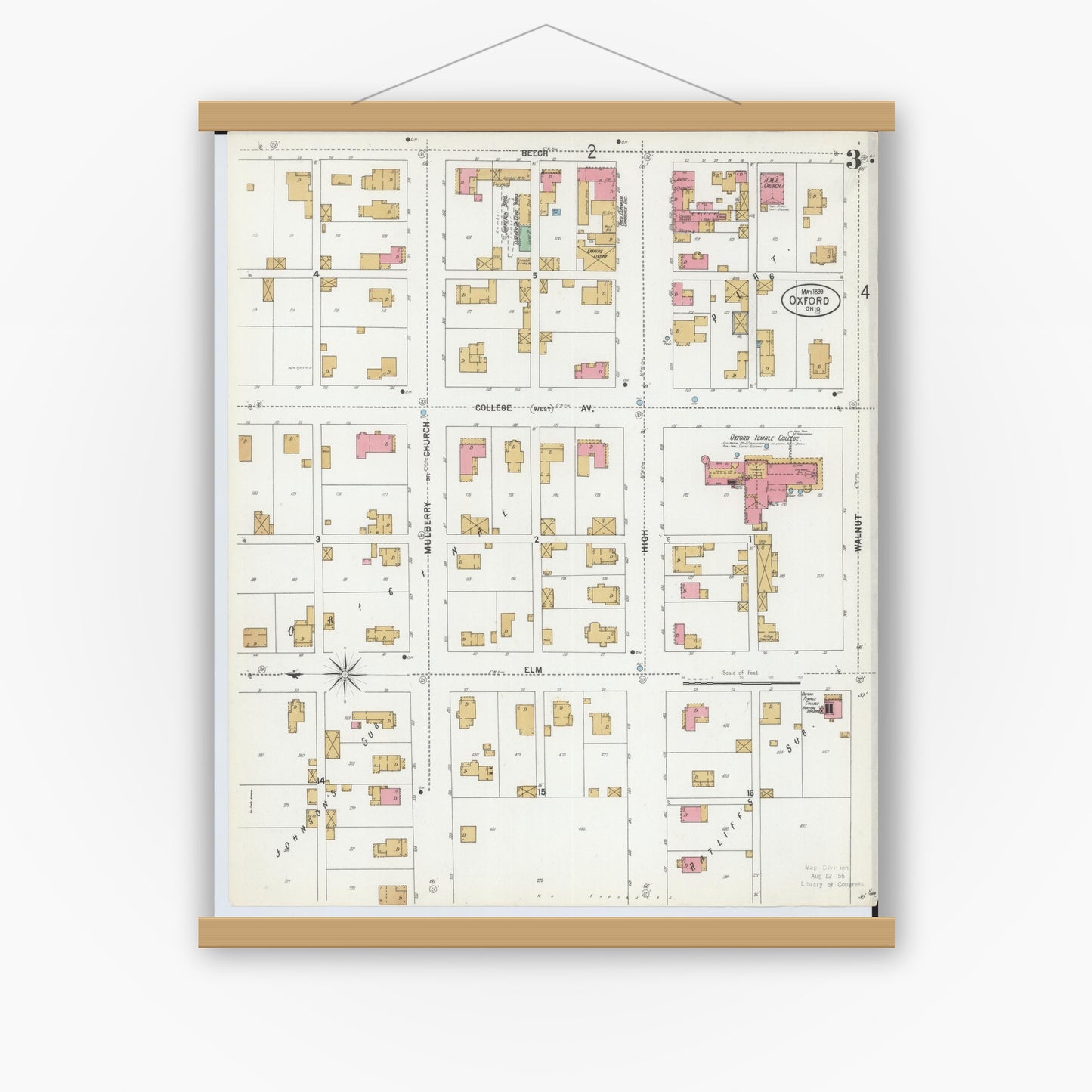 Old map wall art mockup — magnetic wood frame on white wall — Sanborn Fire Insurance Map from Oxford, Butler County, Ohio (1899), Sheet #0003