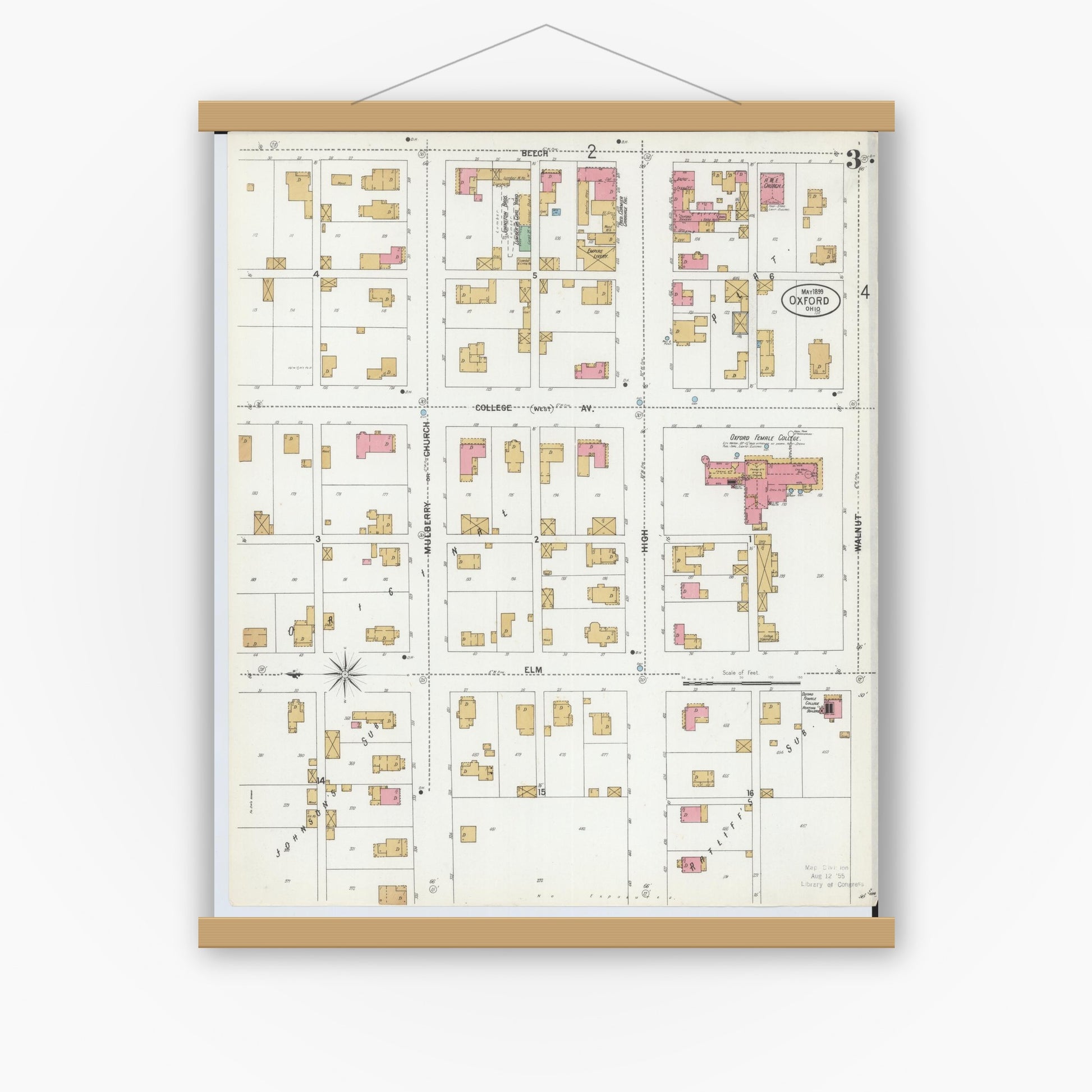 Old map wall art mockup — magnetic wood frame on white wall — Sanborn Fire Insurance Map from Oxford, Butler County, Ohio (1899), Sheet #0003