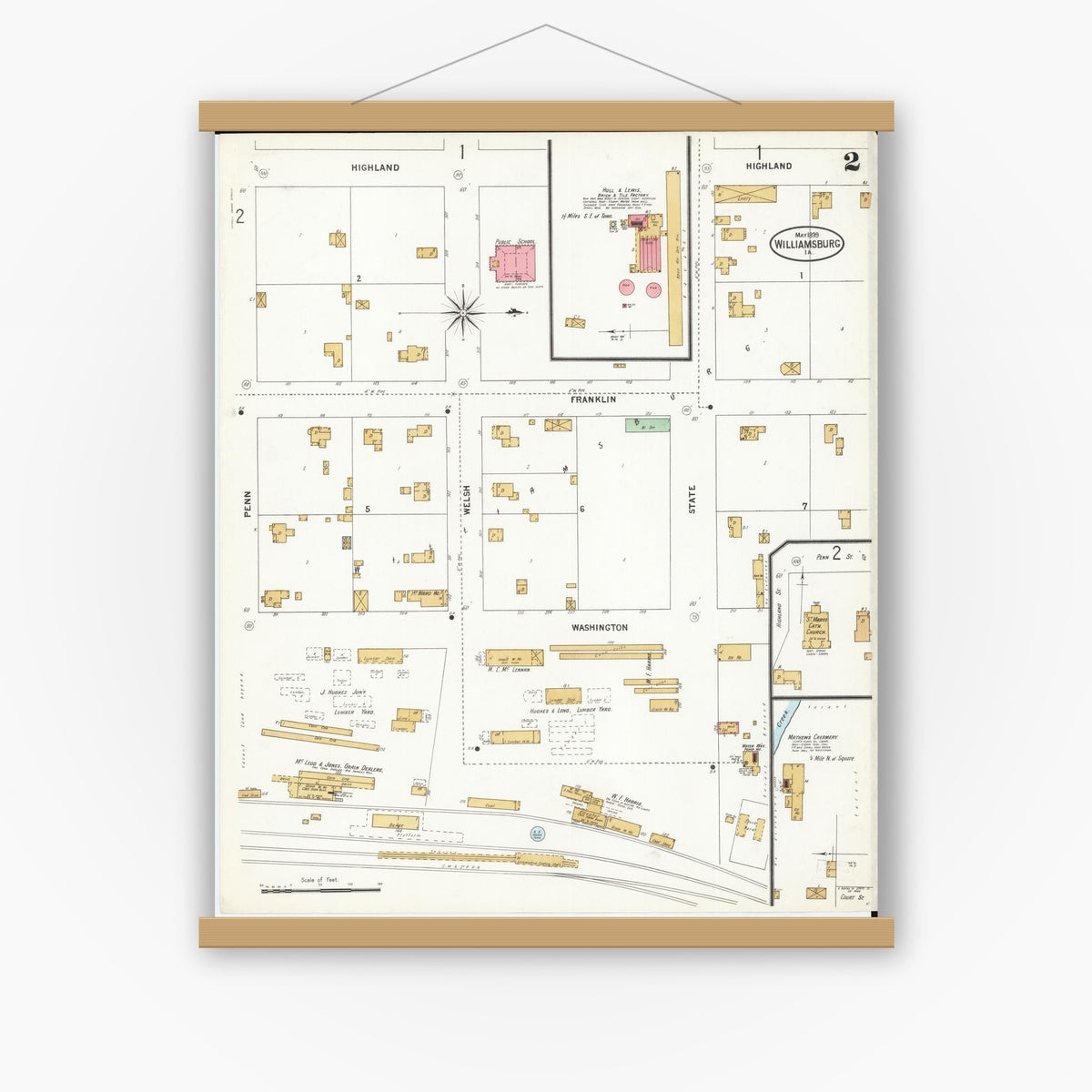 Old map wall art mockup — magnetic wood frame on white wall — Sanborn Fire Insurance Map from Williamsburg, Iowa County, Iowa (1899), Sheet #0002