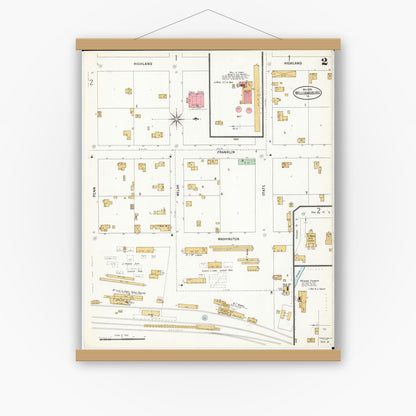 Old map wall art mockup — magnetic wood frame on white wall — Sanborn Fire Insurance Map from Williamsburg, Iowa County, Iowa (1899), Sheet #0002