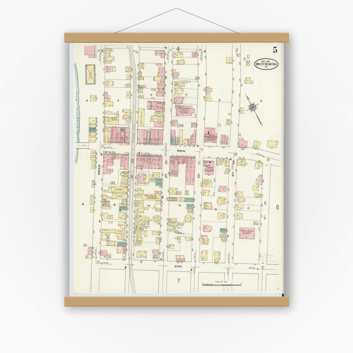 Old map wall art mockup — magnetic wood frame on white wall — Sanborn Fire Insurance Map from West Newton, Westmoreland County, Pennsylvania (1910), Sheet #0005