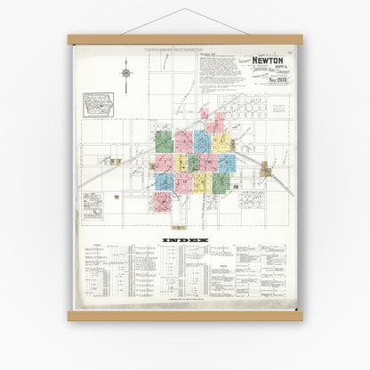 Old map wall art mockup — magnetic wood frame on white wall — Sanborn Fire Insurance Map from Newton, Jasper County, Iowa (1918) â€” Complete Set