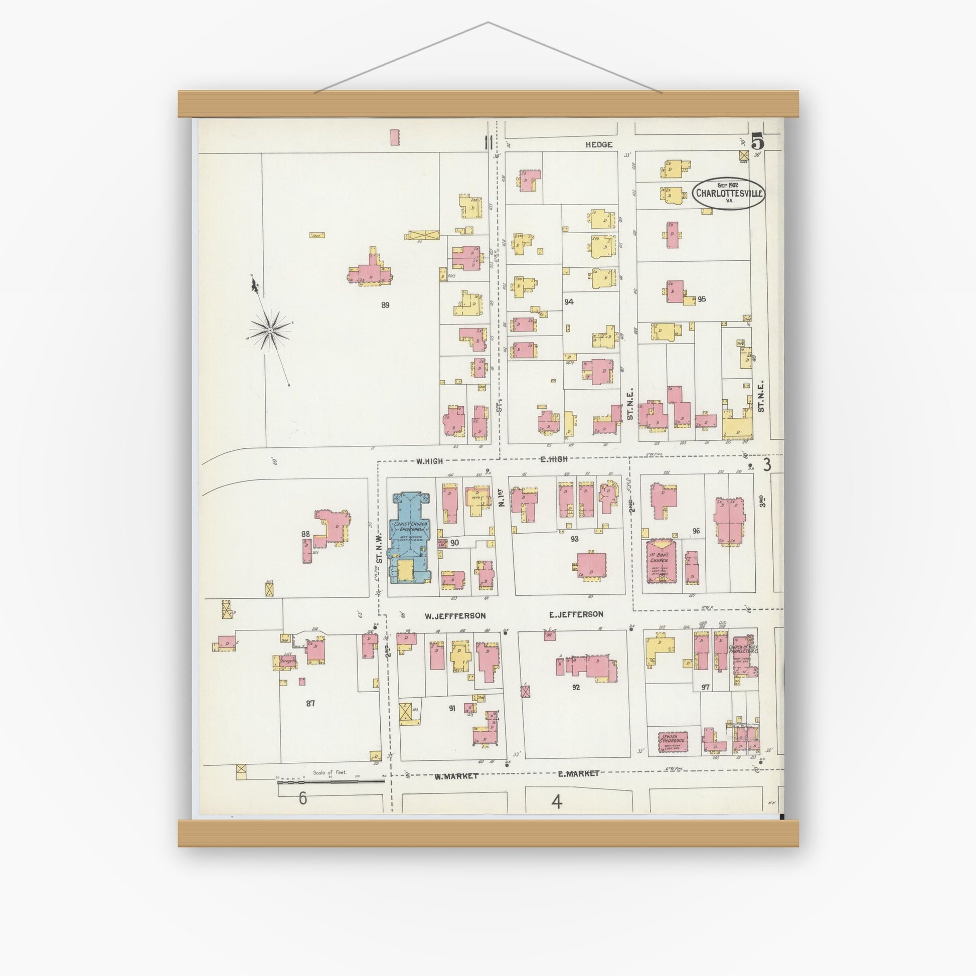 Old map wall art mockup — magnetic wood frame on white wall — Sanborn Fire Insurance Map from Charlottesville, Independent Cities, Virginia (1902), Sheet #0005