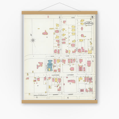 Old map wall art mockup — magnetic wood frame on white wall — Sanborn Fire Insurance Map from Charlottesville, Independent Cities, Virginia (1902), Sheet #0005