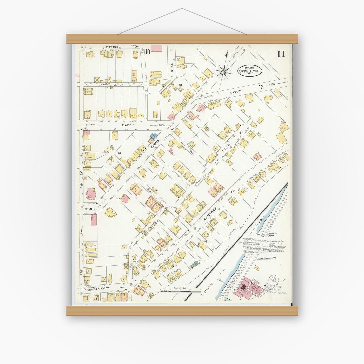 Old map wall art mockup — magnetic wood frame on white wall — Sanborn Fire Insurance Map from Connellsville, Fayette County, Pennsylvania (1908), Sheet #0011