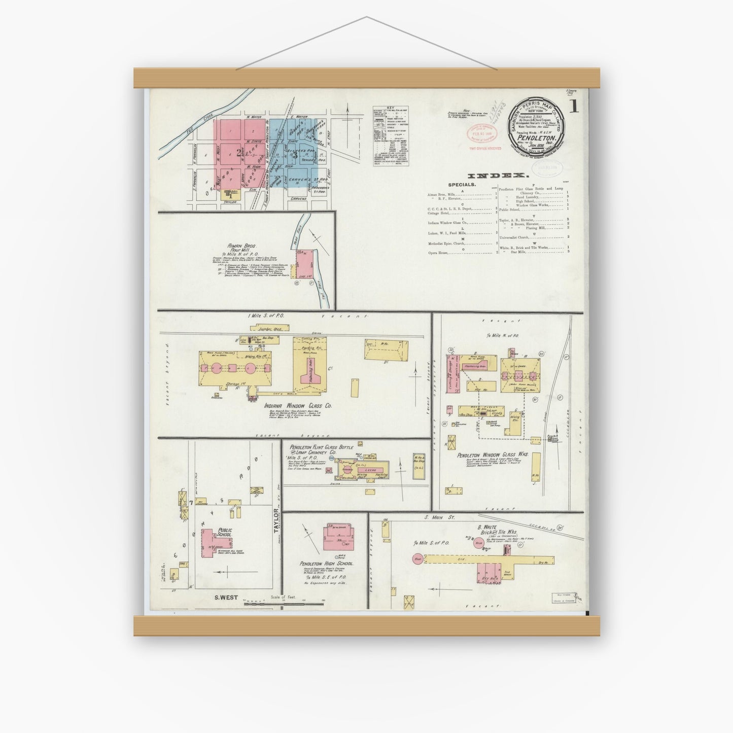 Old map wall art mockup — magnetic wood frame on white wall — Sanborn Fire Insurance Map from Pendleton, Madison County, Indiana (1898) - Complete Map Set