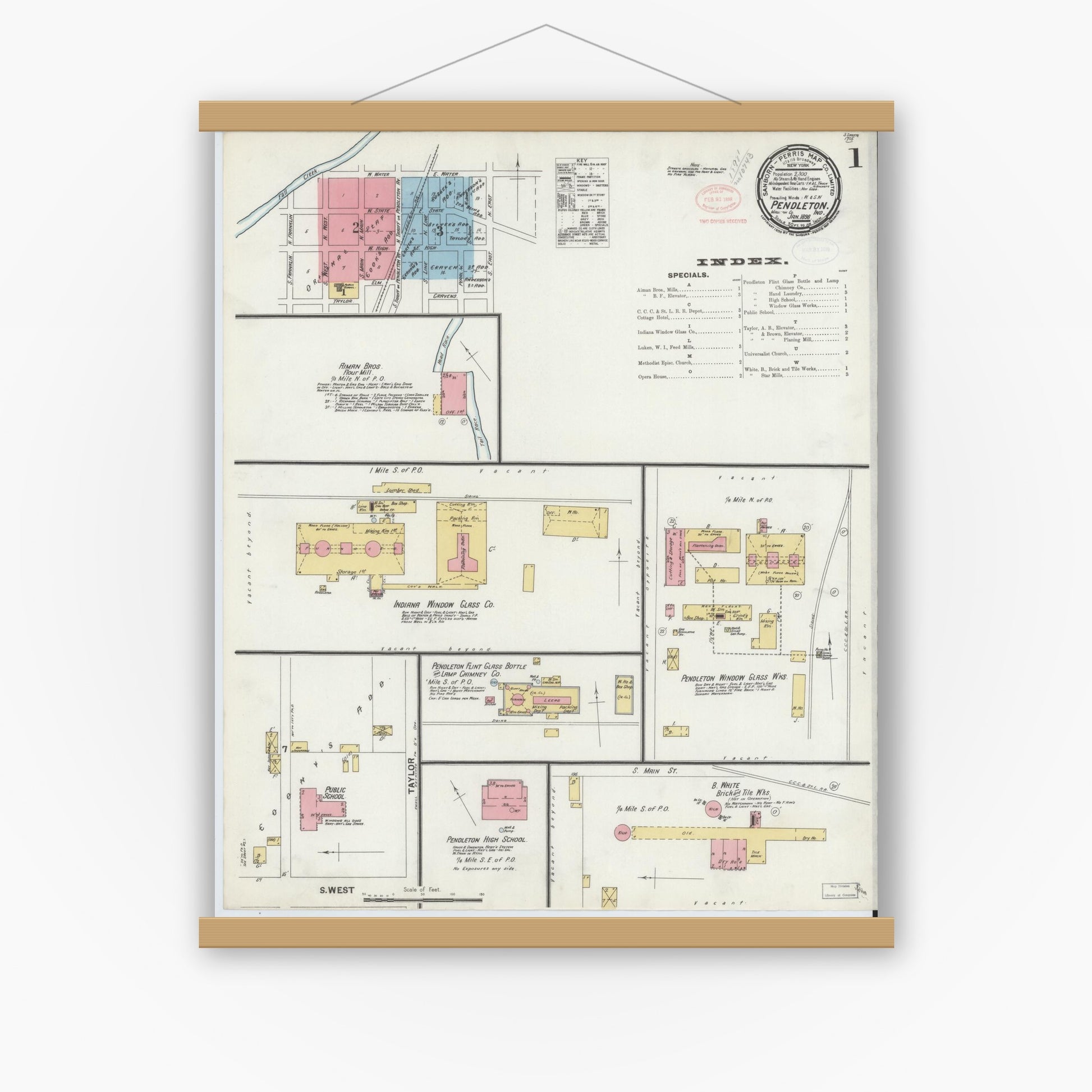 Old map wall art mockup — magnetic wood frame on white wall — Sanborn Fire Insurance Map from Pendleton, Madison County, Indiana (1898) - Complete Map Set