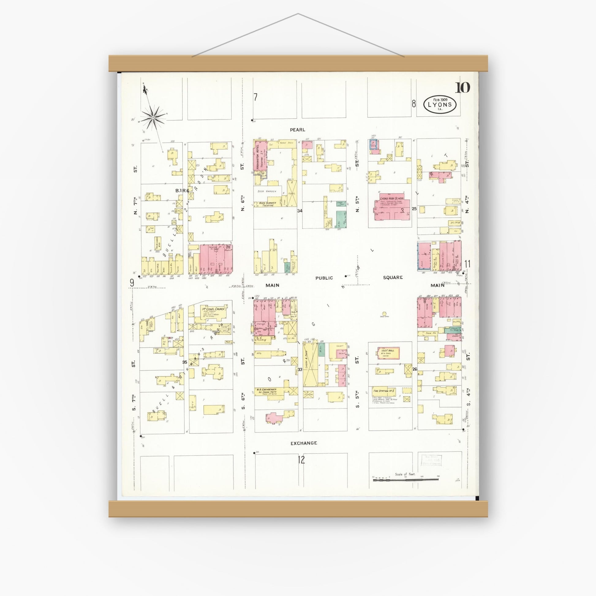 Old map wall art mockup — magnetic wood frame on white wall — Sanborn Fire Insurance Map from Lyons, Clinton County, Iowa (1909), Sheet #0010