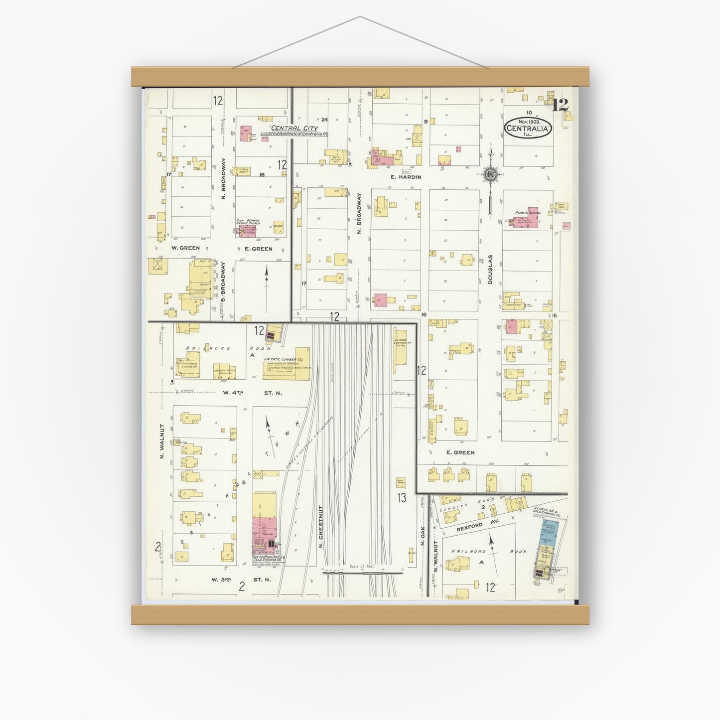 Old map wall art mockup — magnetic wood frame on white wall — Sanborn Fire Insurance Map from Centralia, Marion, Clinton, Jefferson, and Washington Counties, Illinois (1909), Sheet #0012
