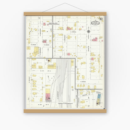 Old map wall art mockup — magnetic wood frame on white wall — Sanborn Fire Insurance Map from Centralia, Marion, Clinton, Jefferson, and Washington Counties, Illinois (1909), Sheet #0012