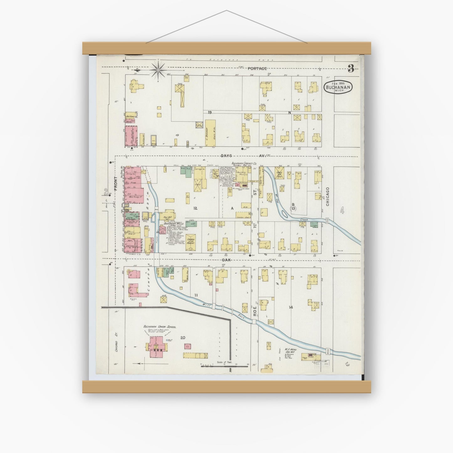 Old map wall art mockup — magnetic wood frame on white wall — Sanborn Fire Insurance Map from Buchanan, Berrien County, Michigan (1895), Sheet #0003