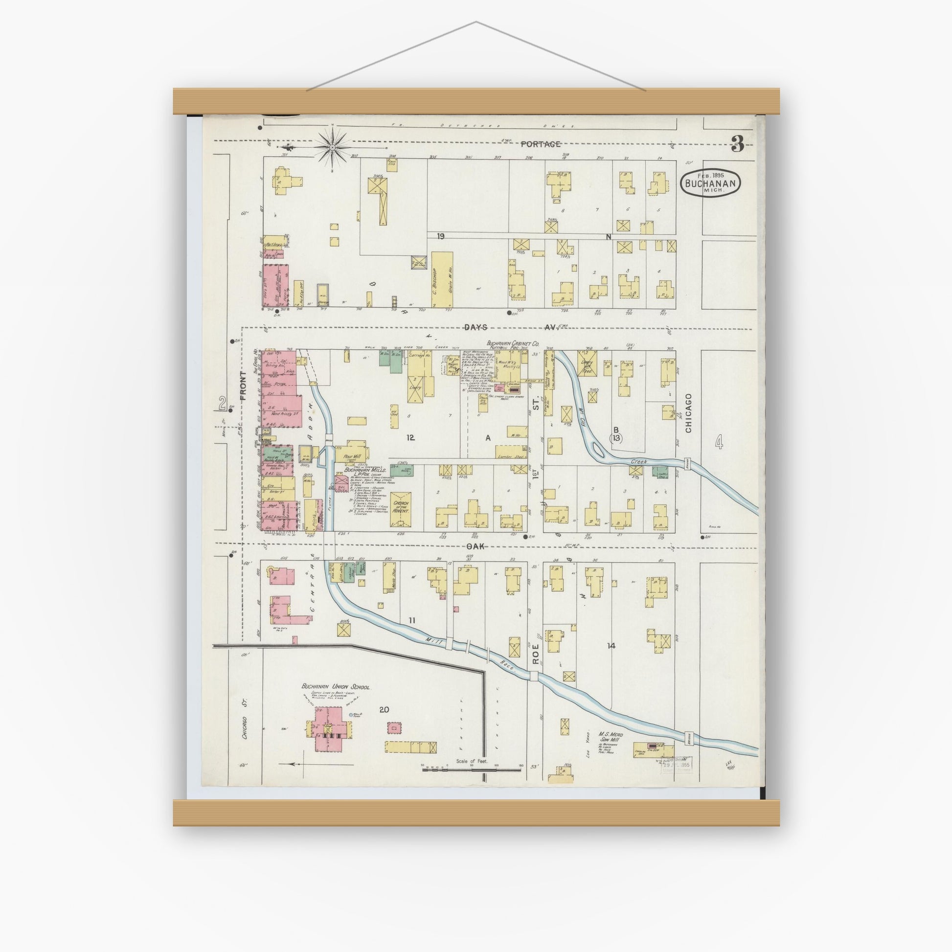 Old map wall art mockup — magnetic wood frame on white wall — Sanborn Fire Insurance Map from Buchanan, Berrien County, Michigan (1895), Sheet #0003