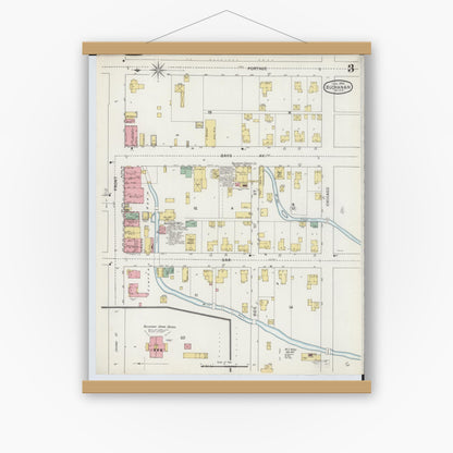 Old map wall art mockup — magnetic wood frame on white wall — Sanborn Fire Insurance Map from Buchanan, Berrien County, Michigan (1895), Sheet #0003