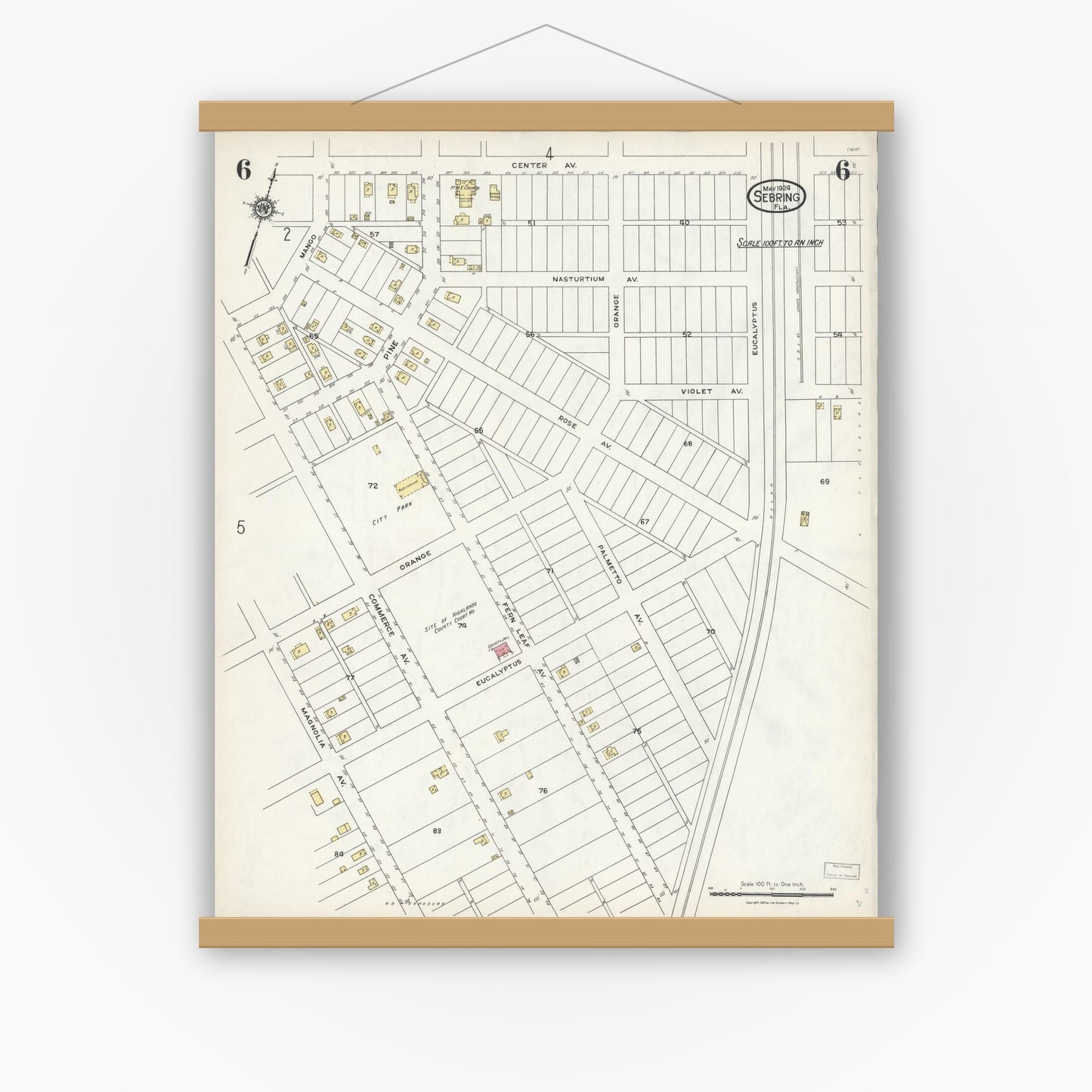 Old map wall art mockup — magnetic wood frame on white wall — Sanborn Fire Insurance Map from Sebring, Highlands County, Florida (1924), Sheet #0006