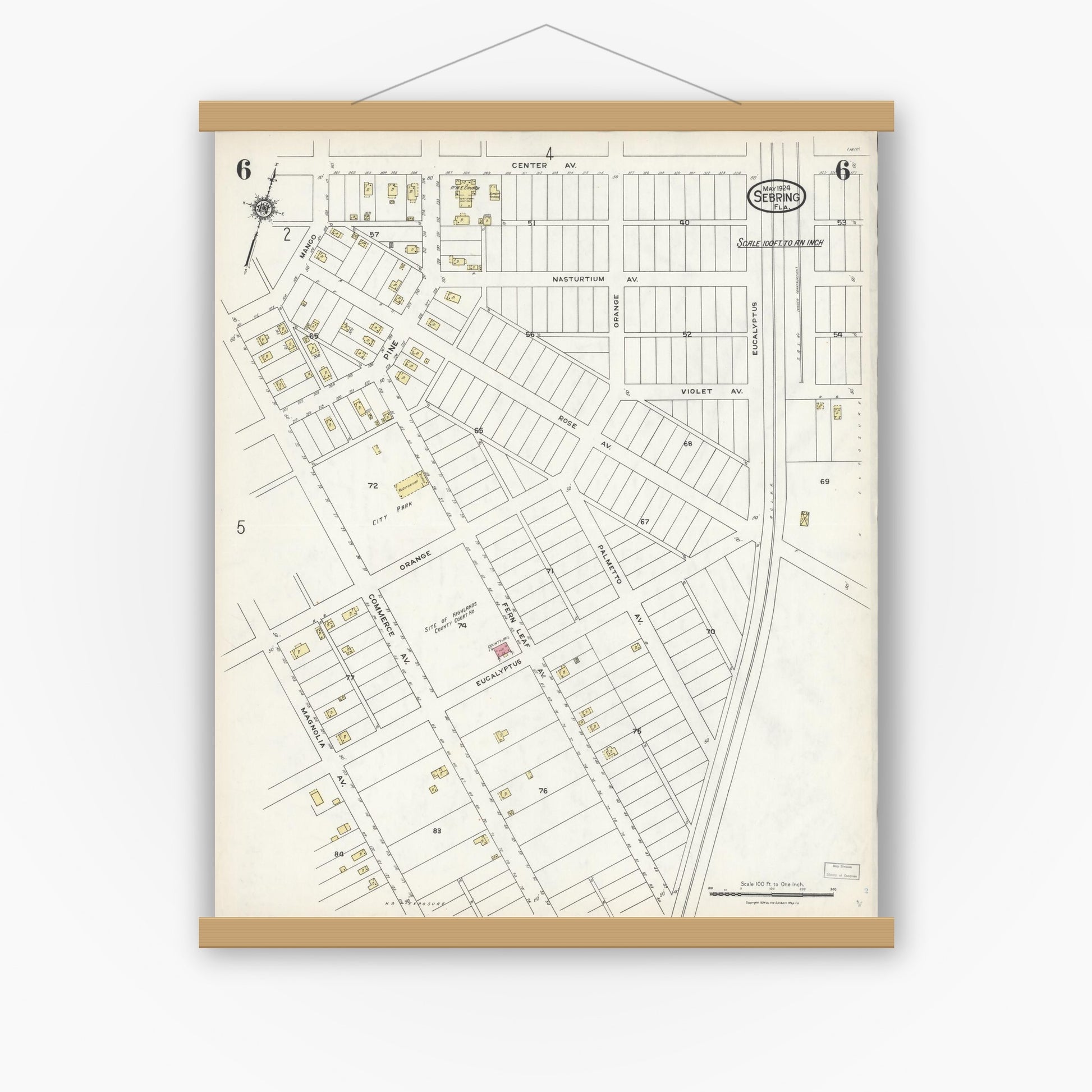 Old map wall art mockup — magnetic wood frame on white wall — Sanborn Fire Insurance Map from Sebring, Highlands County, Florida (1924), Sheet #0006