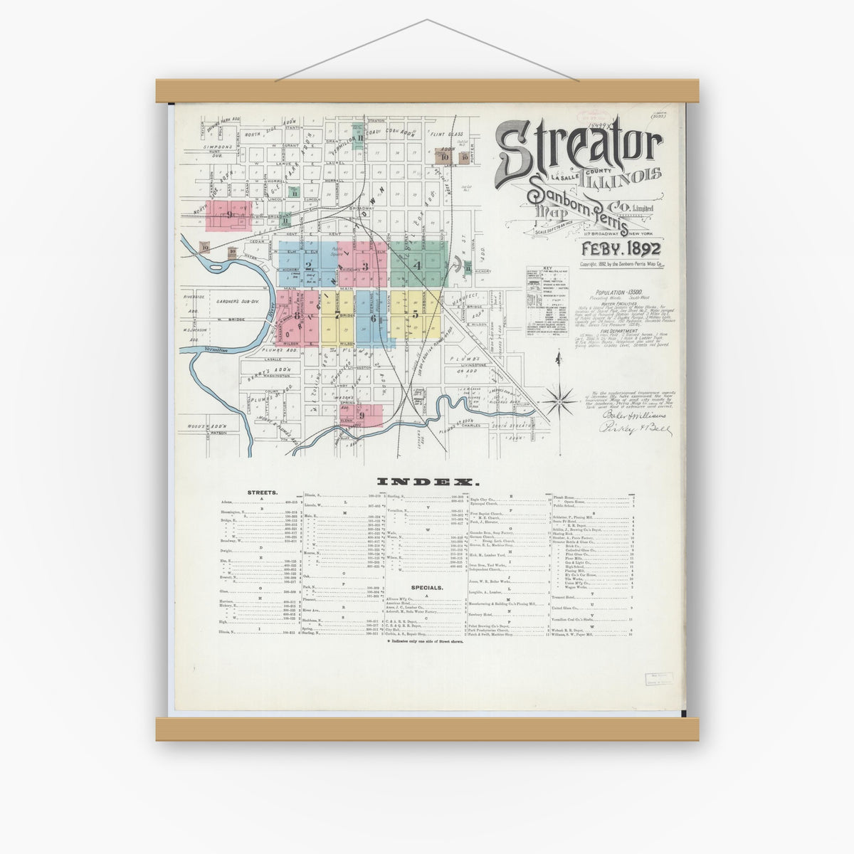 Old map wall art mockup — magnetic wood frame on white wall — Sanborn Fire Insurance Map from Streator, La Salle County, Illinois (1892) - Complete Map Set