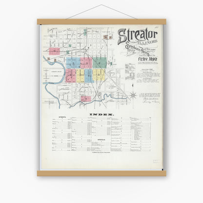 Old map wall art mockup — magnetic wood frame on white wall — Sanborn Fire Insurance Map from Streator, La Salle County, Illinois (1892) - Complete Map Set