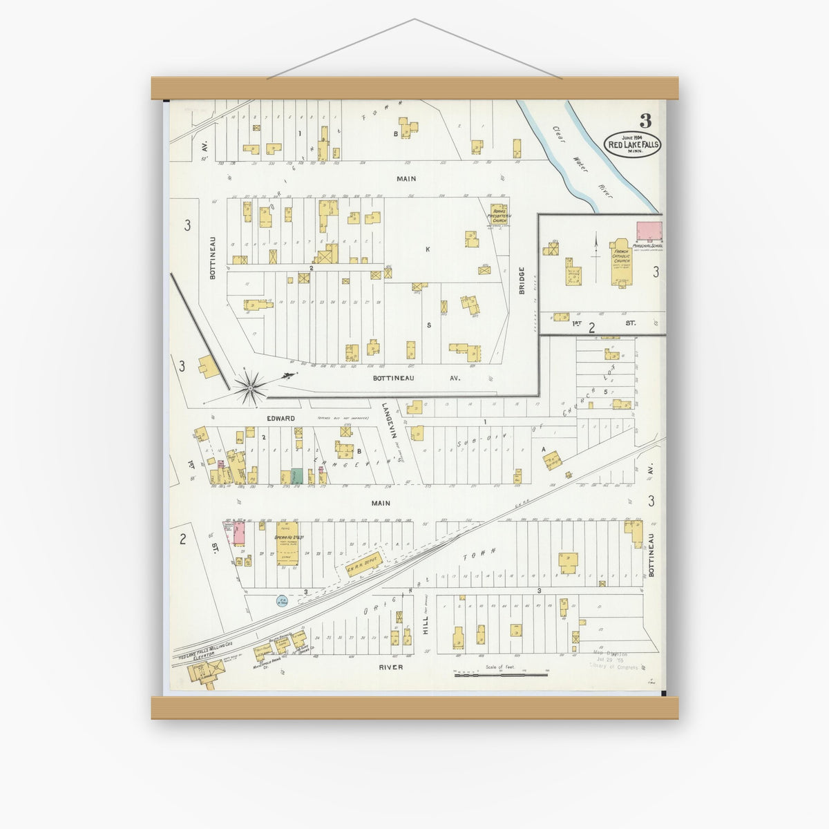 Old map wall art mockup — magnetic wood frame on white wall — Sanborn Fire Insurance Map from Red Lake Falls, Red Lake County, Minnesota (1904), Sheet #0003
