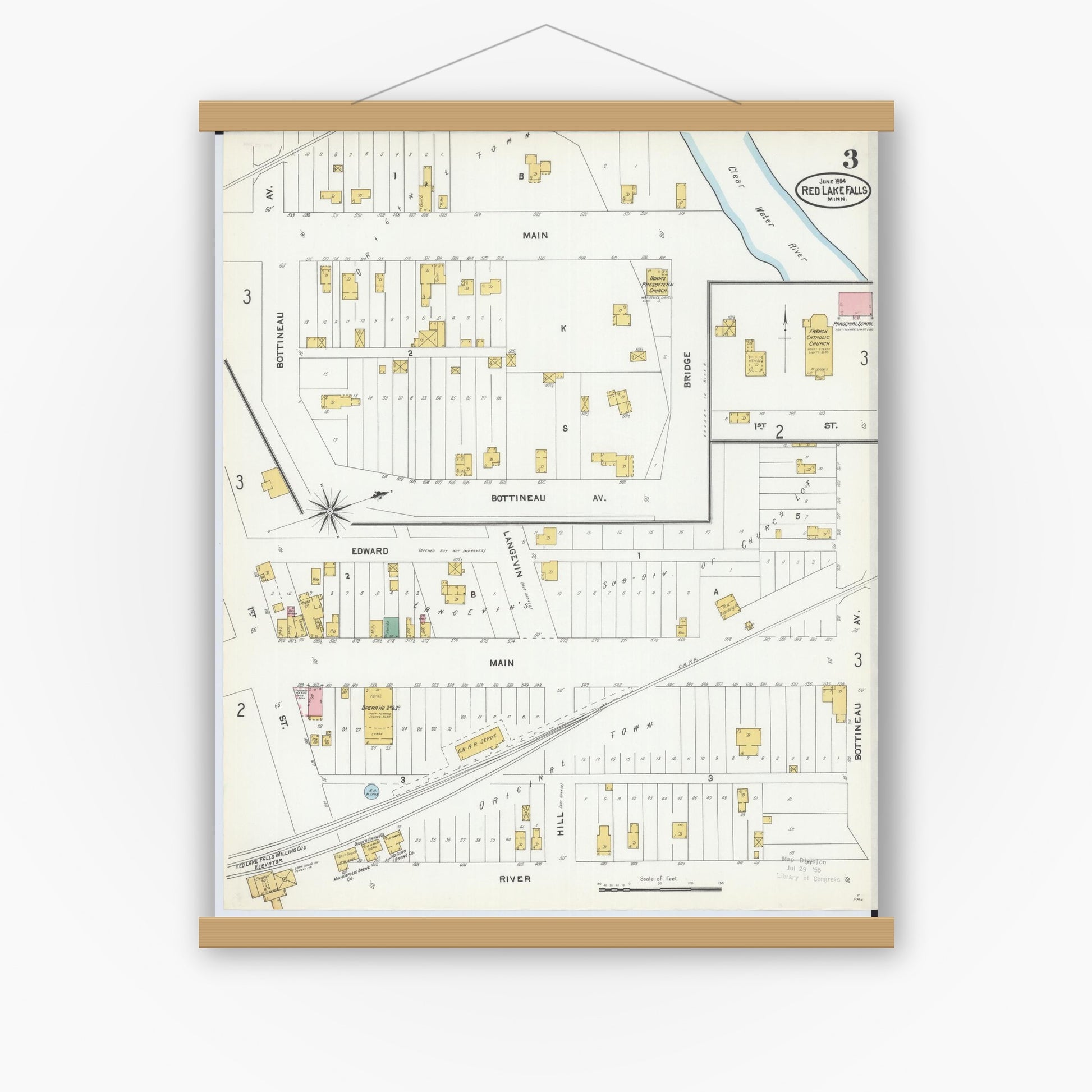 Old map wall art mockup — magnetic wood frame on white wall — Sanborn Fire Insurance Map from Red Lake Falls, Red Lake County, Minnesota (1904), Sheet #0003