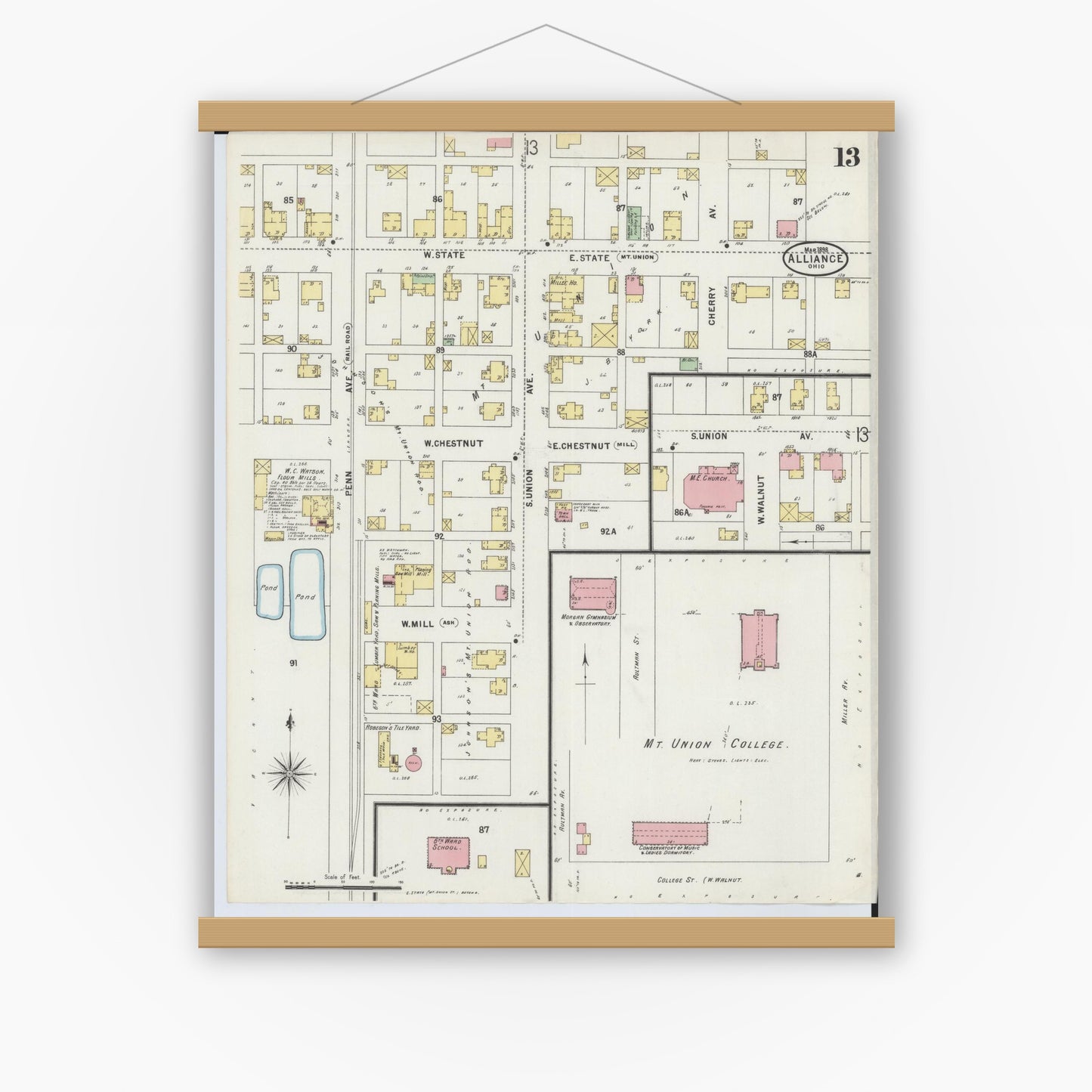 Old map wall art mockup — magnetic wood frame on white wall — Sanborn Fire Insurance Map from Alliance, Stark County, Ohio (1898), Sheet #0013