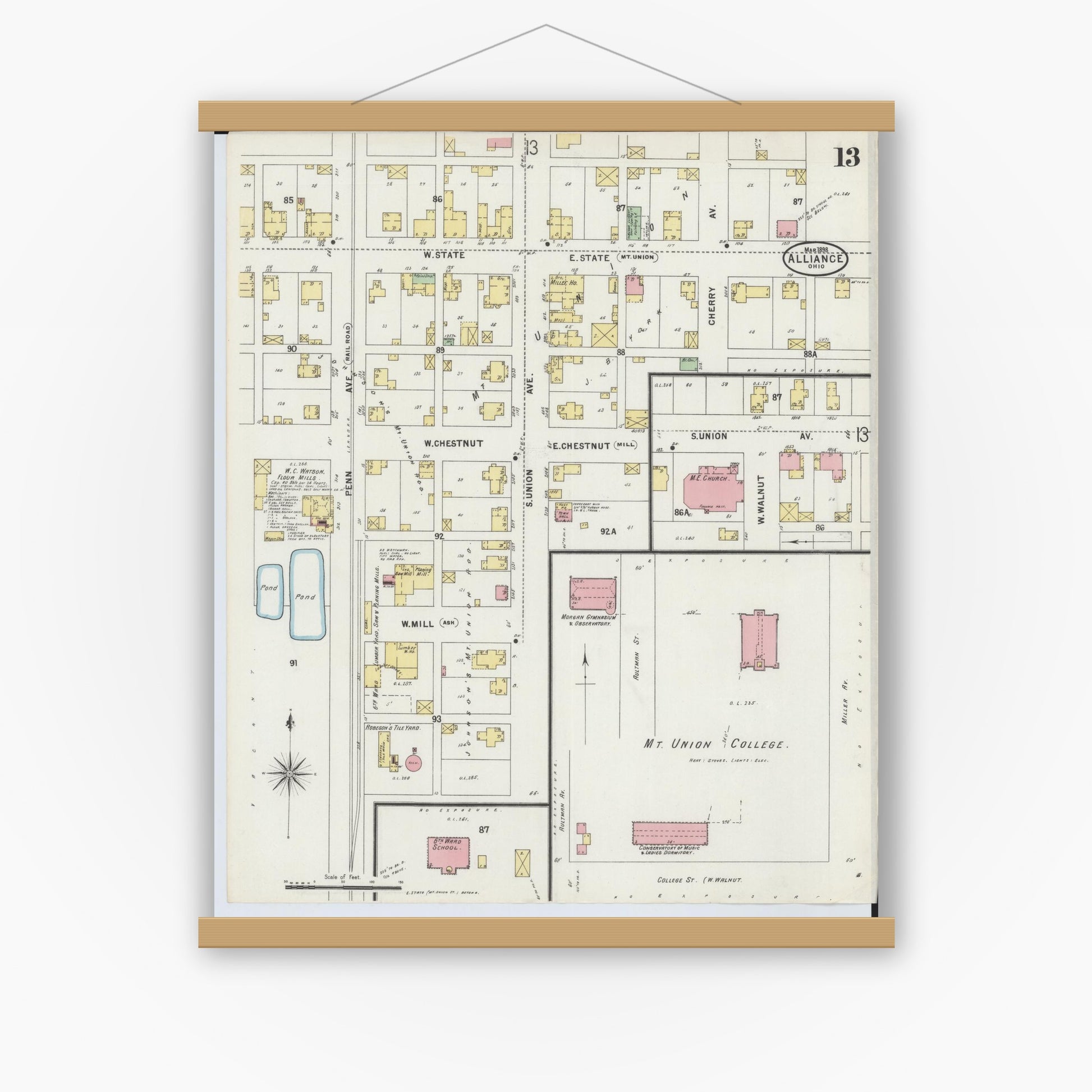 Old map wall art mockup — magnetic wood frame on white wall — Sanborn Fire Insurance Map from Alliance, Stark County, Ohio (1898), Sheet #0013