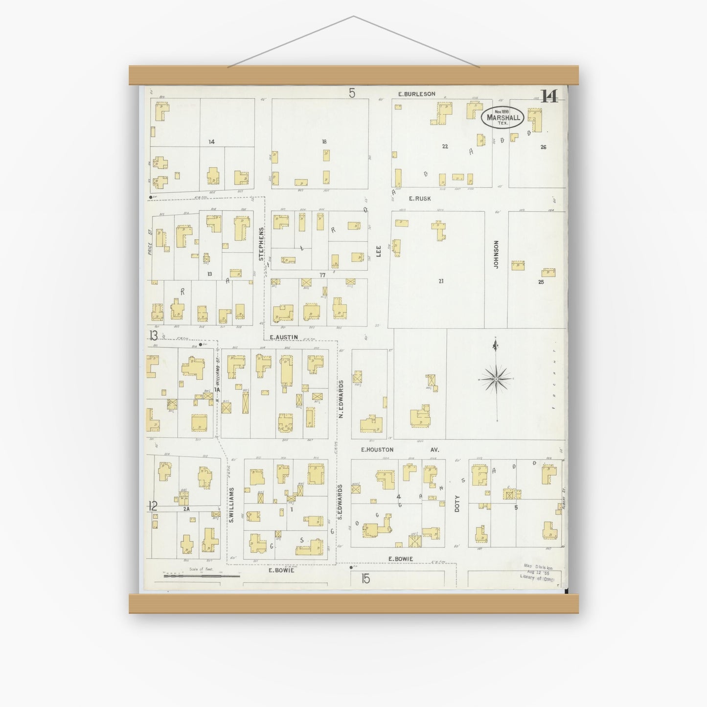 Old map wall art mockup — magnetic wood frame on white wall — Sanborn Fire Insurance Map from Marshall, Harrison County, Texas (1899), Sheet #0014