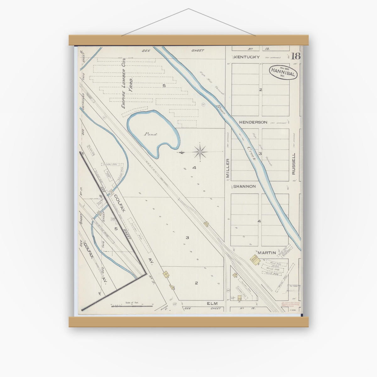Old map wall art mockup — magnetic wood frame on white wall — Sanborn Fire Insurance Map from Hannibal, Marion County, Missouri (1885), Sheet #0018