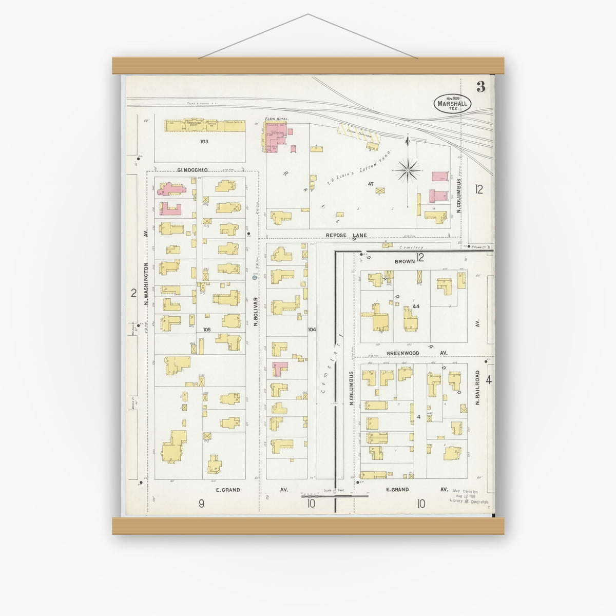 Old map wall art mockup — magnetic wood frame on white wall — Sanborn Fire Insurance Map from Marshall, Harrison County, Texas (1899), Sheet #0003