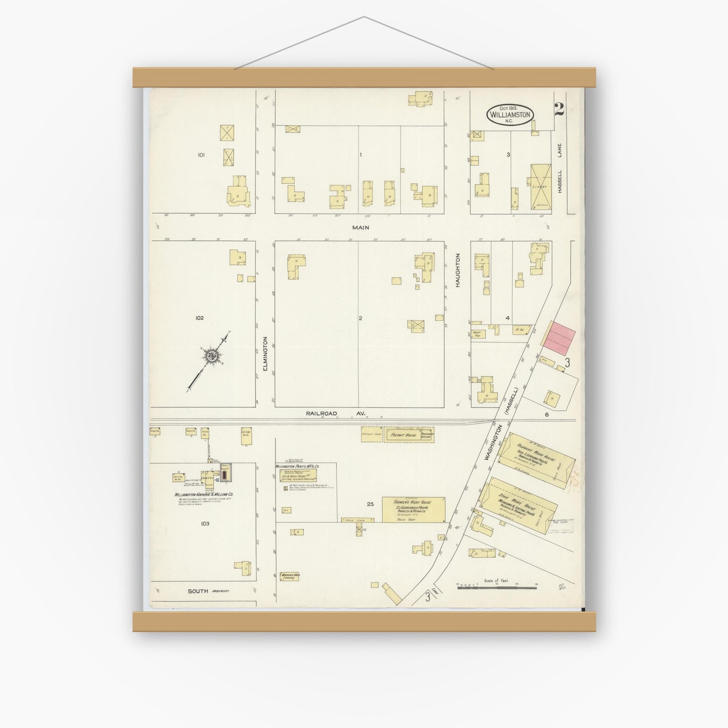 Old map wall art mockup — magnetic wood frame on white wall — Sanborn Fire Insurance Map from Williamston, Martin County, North Carolina (1913), Sheet #0002