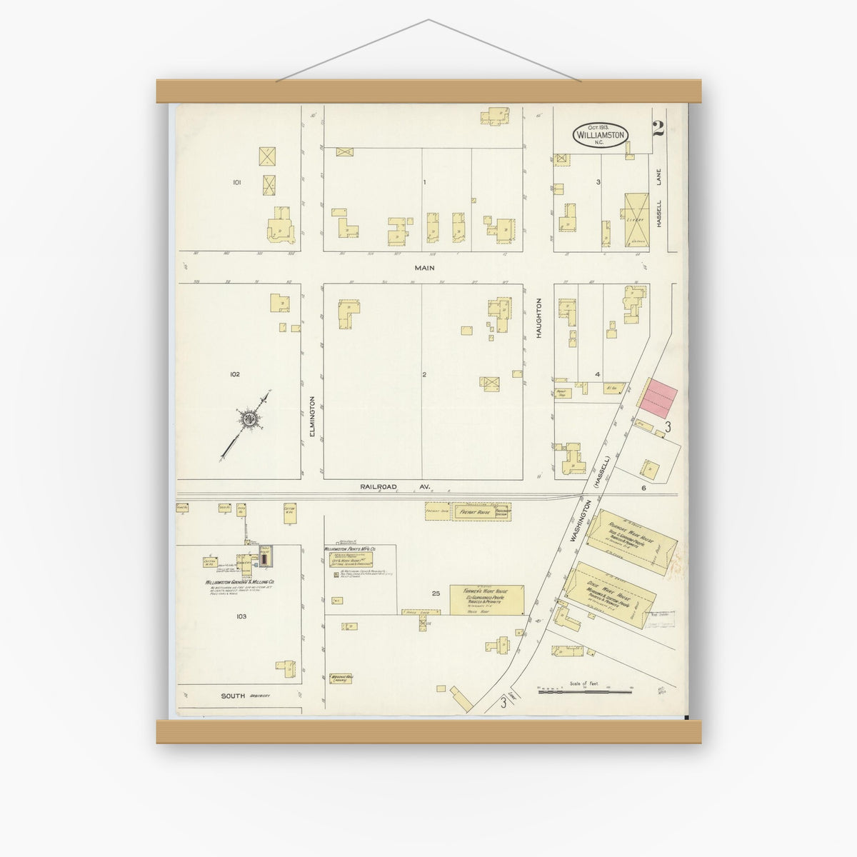 Old map wall art mockup — magnetic wood frame on white wall — Sanborn Fire Insurance Map from Williamston, Martin County, North Carolina (1913), Sheet #0002