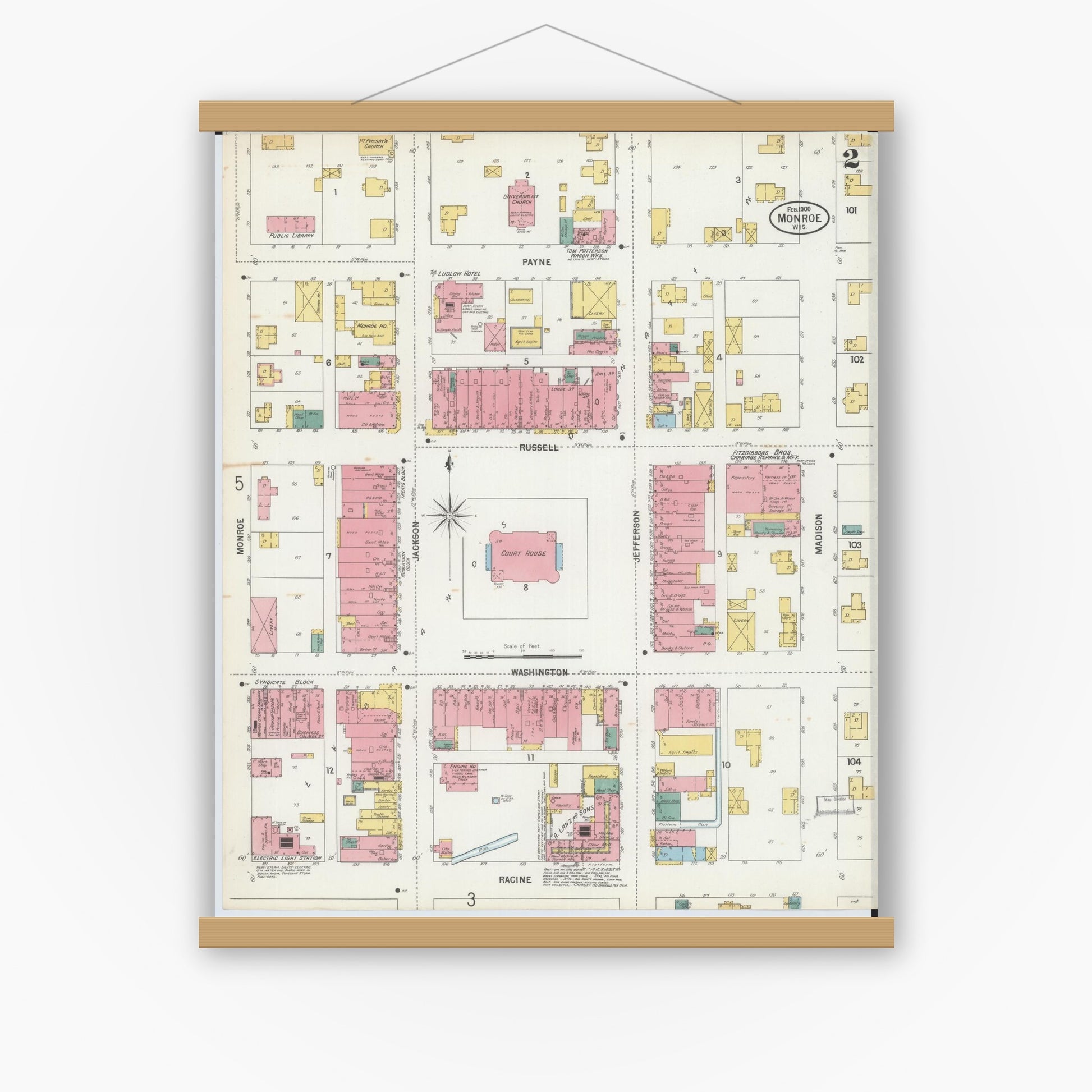 Old map wall art mockup — magnetic wood frame on white wall — Sanborn Fire Insurance Map from Monroe, Green County, Wisconsin (1900), Sheet #0002